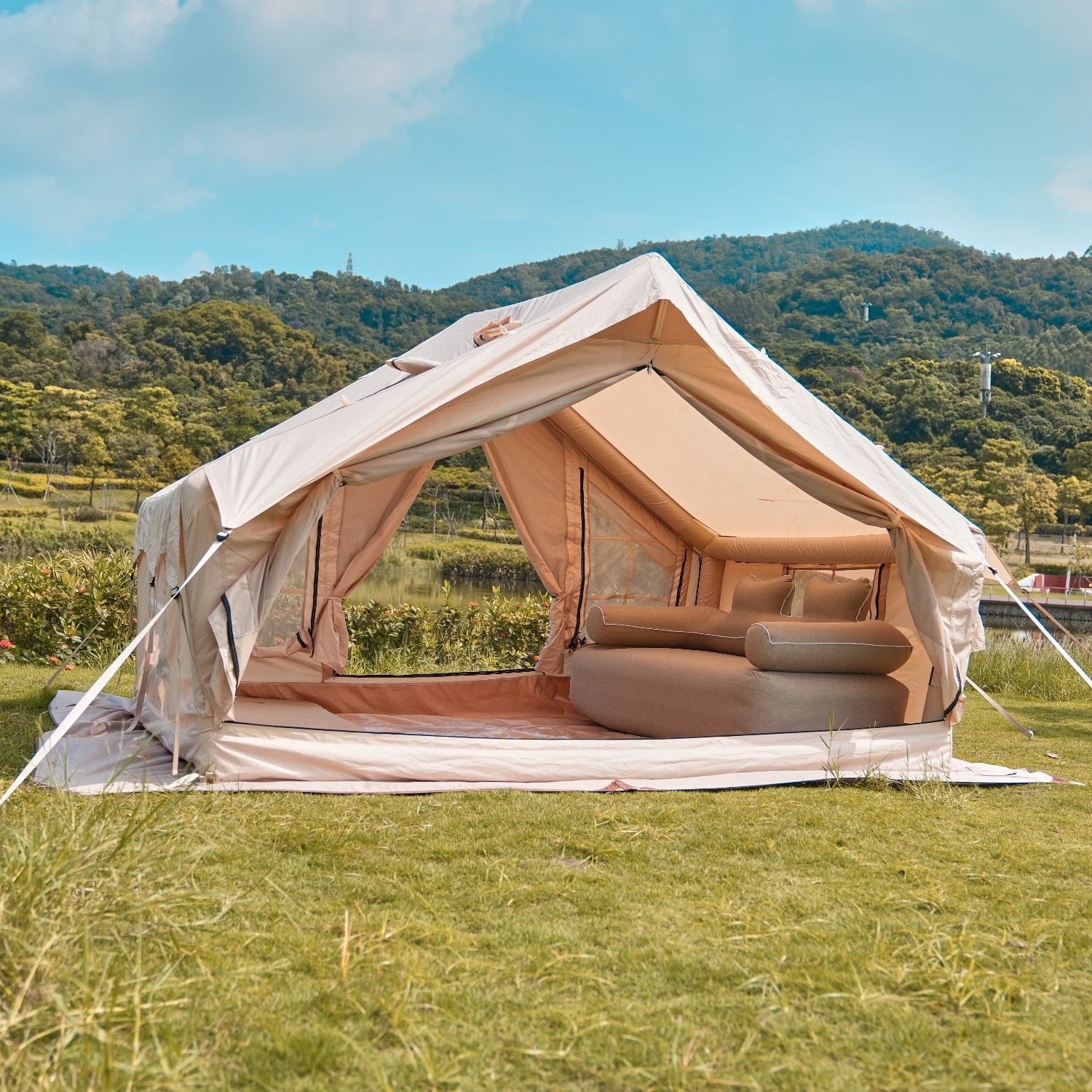 air camping tent Inflate Camping Tent, 2-4 Person 71ft² Inflatable House Tent with Pump, Easy Setup Waterproof Outdoor Oxford Tents, Self-Supporting Structure, Crafuel